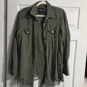 American Bazi Women's Green Distressed Shirt Jacket